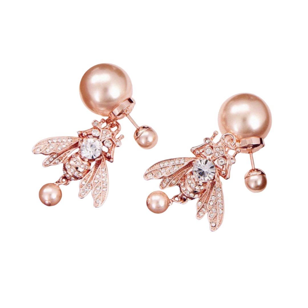 CDE161 Dior Bee Tribales earrings in Pink metal finish and pink pearl crystal - ccfashionjewelry