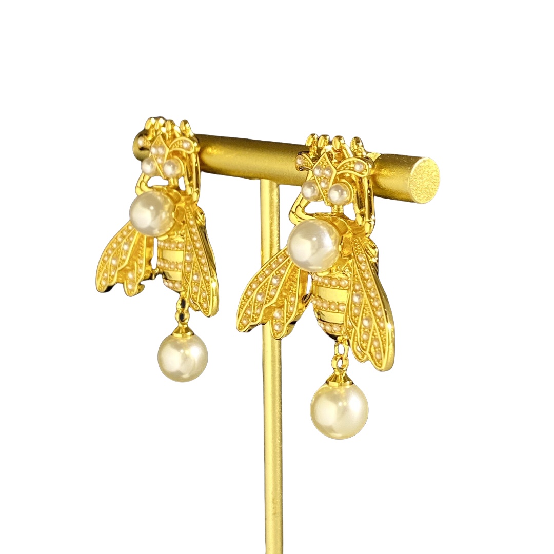 CDE256  Dior Metal pearl bee Tribales earrings - ccjewelryacc