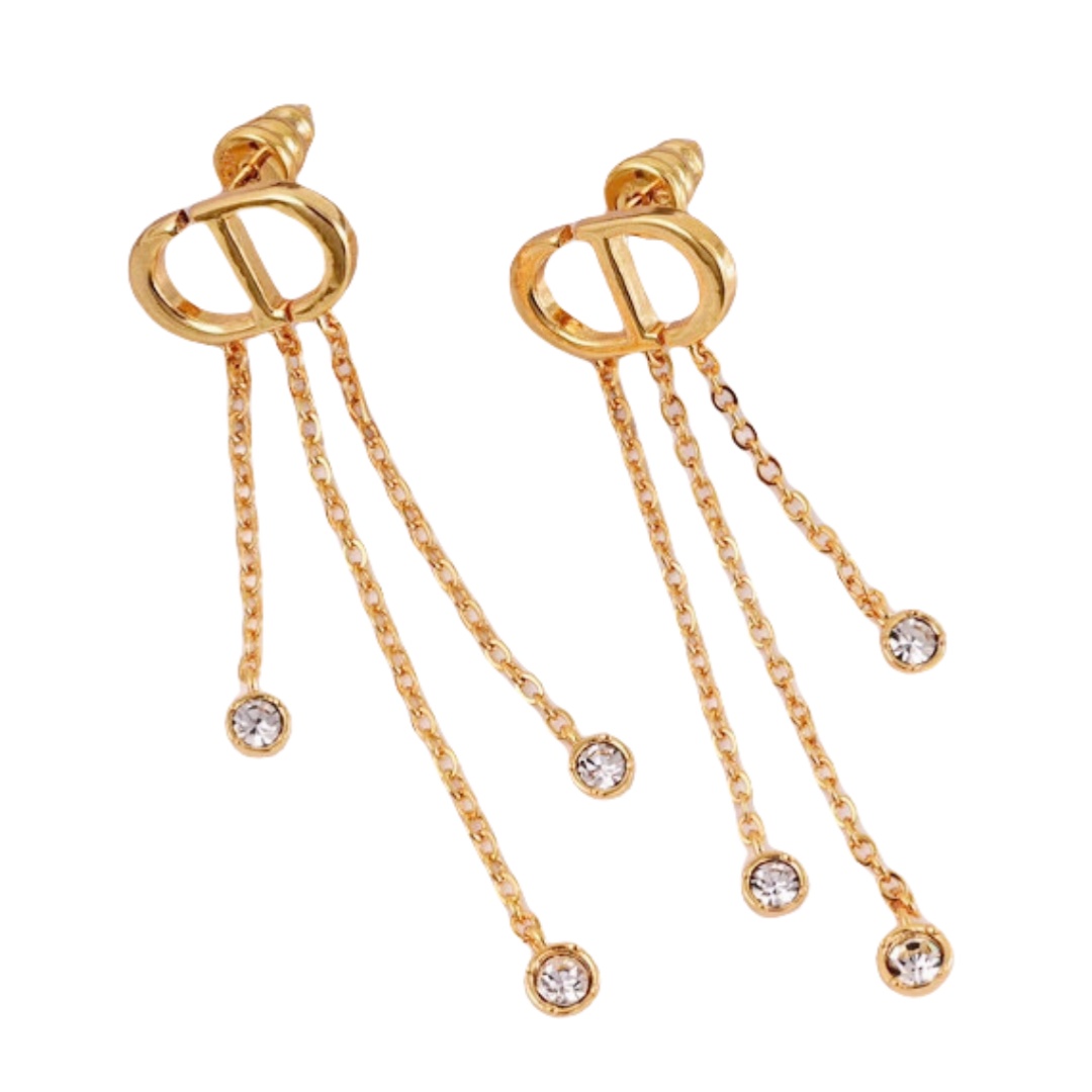CDE083 CD Logo crystal chain tassel earrings - ccjewelryacc