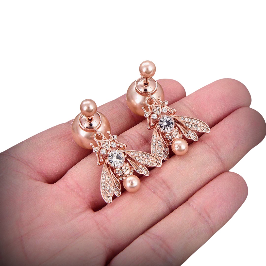 CDE161 Dior Bee Tribales earrings in Pink metal finish and pink pearl crystal - ccjewelryacc