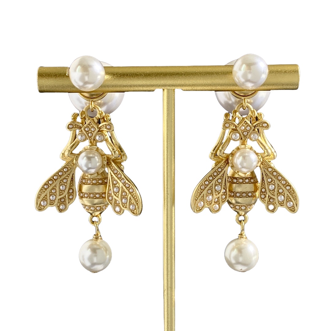CDE256  Dior Metal pearl bee Tribales earrings - ccjewelryacc