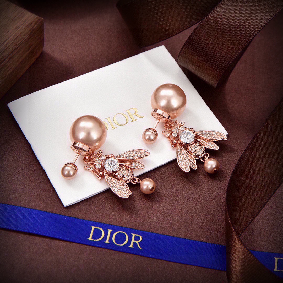 CDE161 Dior Bee Tribales earrings in Pink metal finish and pink pearl crystal - ccjewelryacc