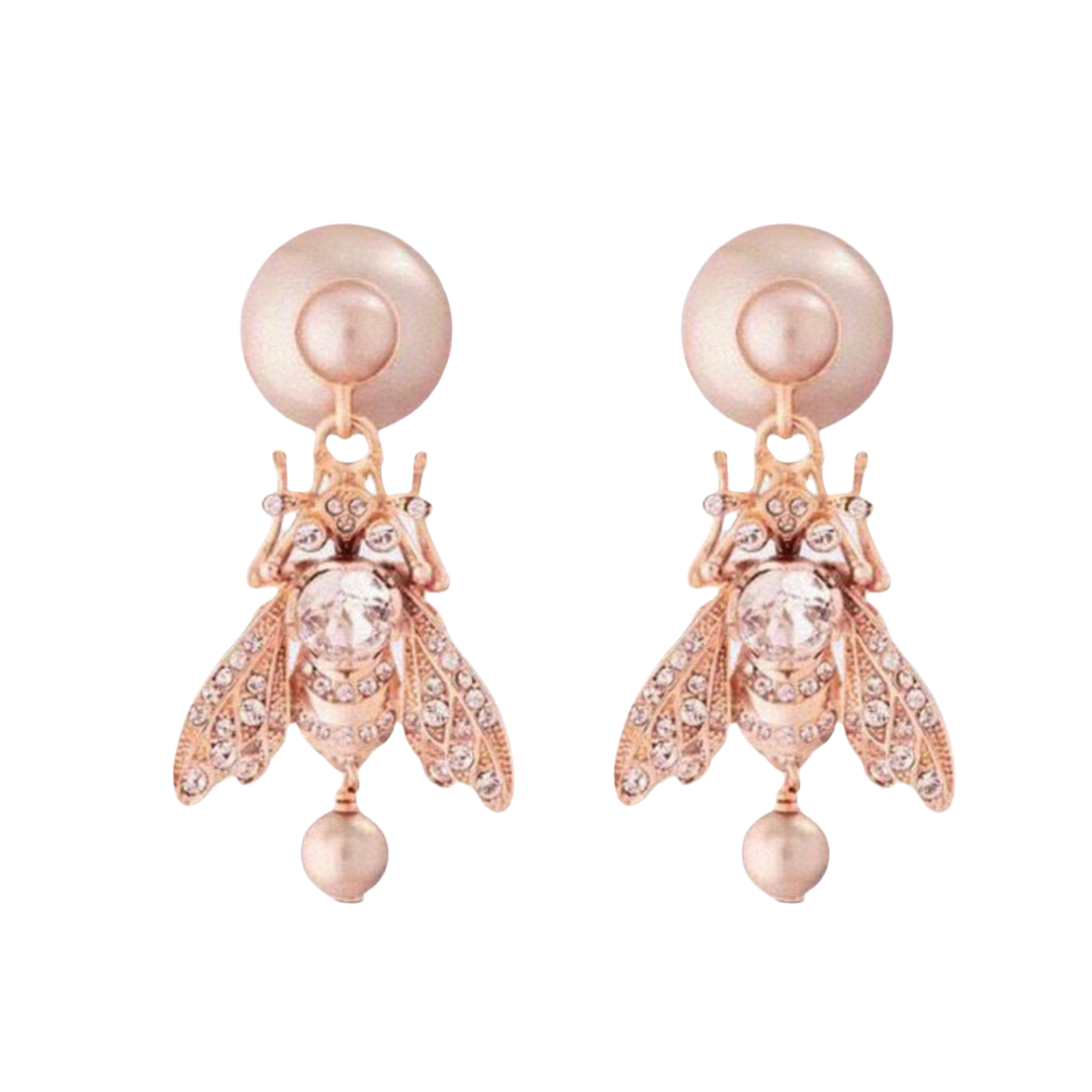 CDE161 Dior Bee Tribales earrings in Pink metal finish and pink pearl crystal - ccfashionjewelry