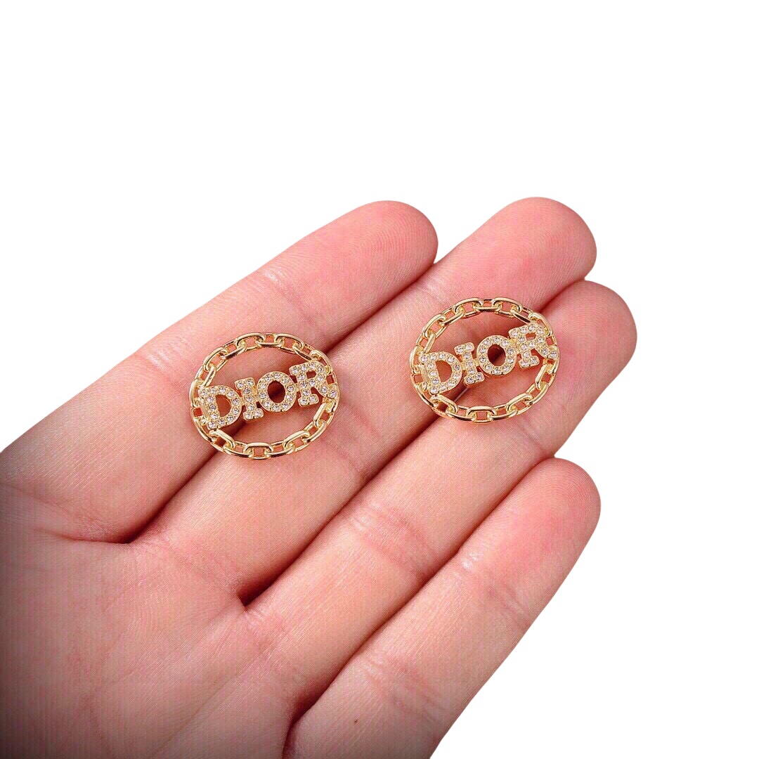 CDE106 Metal chain and crystal dior stud earrings - ccjewelryacc