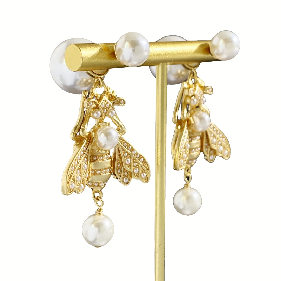 CDE256  Dior Metal pearl bee Tribales earrings - ccjewelryacc
