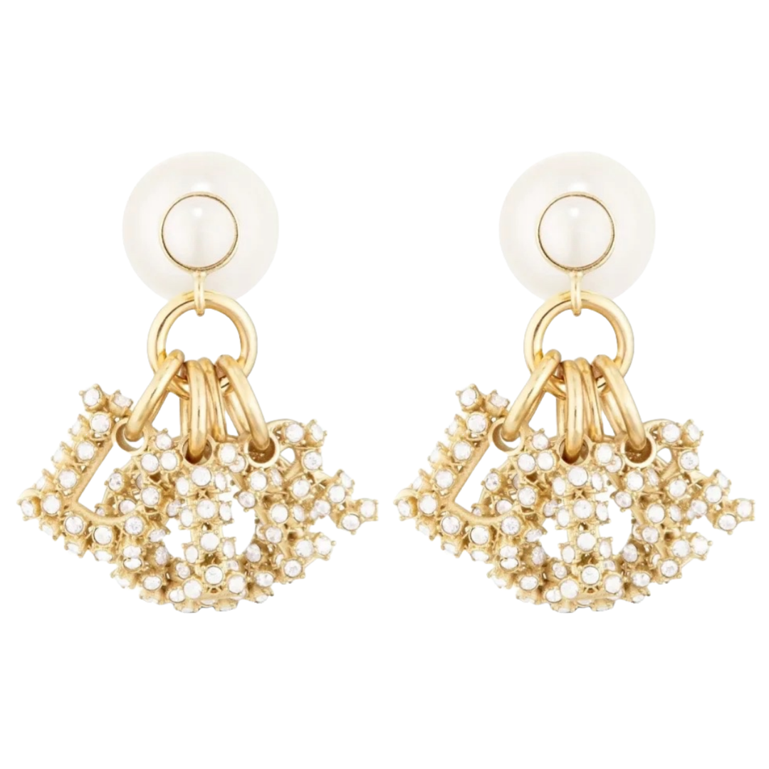 CDE198 DIOR letter charms Tribales earrings in metal gold finish and crystal pearl - ccjewelryacc