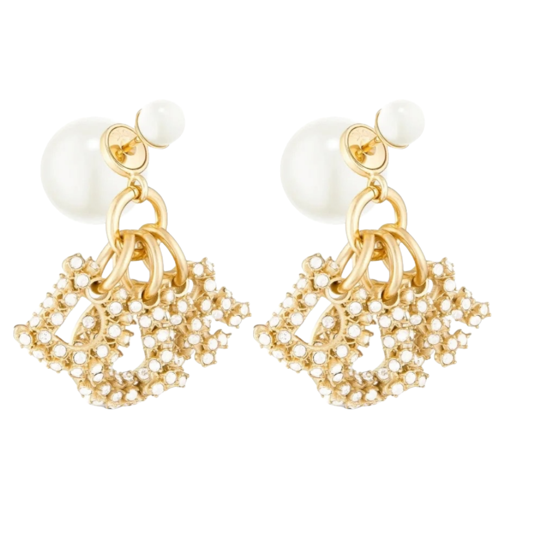 CDE198 DIOR letter charms Tribales earrings in metal gold finish and crystal pearl - ccjewelryacc