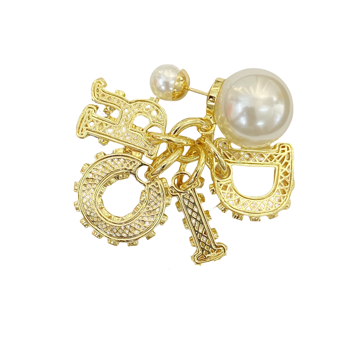 CDE198 DIOR letter charms Tribales earrings in metal gold finish and crystal pearl - ccjewelryacc