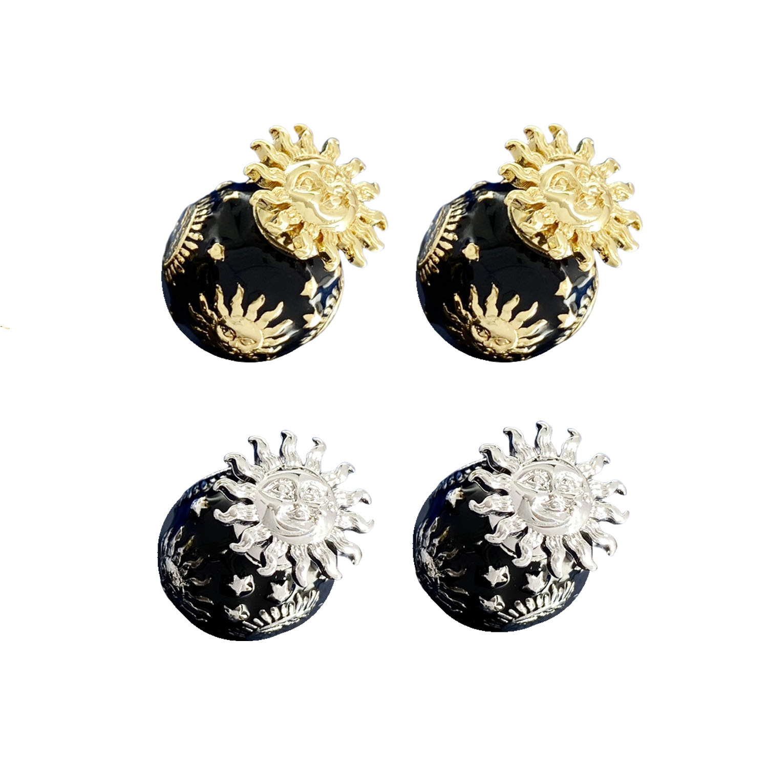CDE222 CD Tribales Embossed Sun star pattern black enamel ball stud earrings - ccfashionjewelry