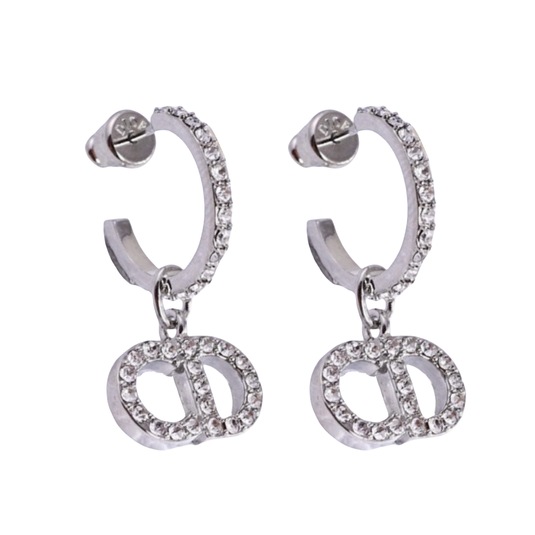 CDE095 Dior crystal cd hook earrings silver - ccjewelryacc