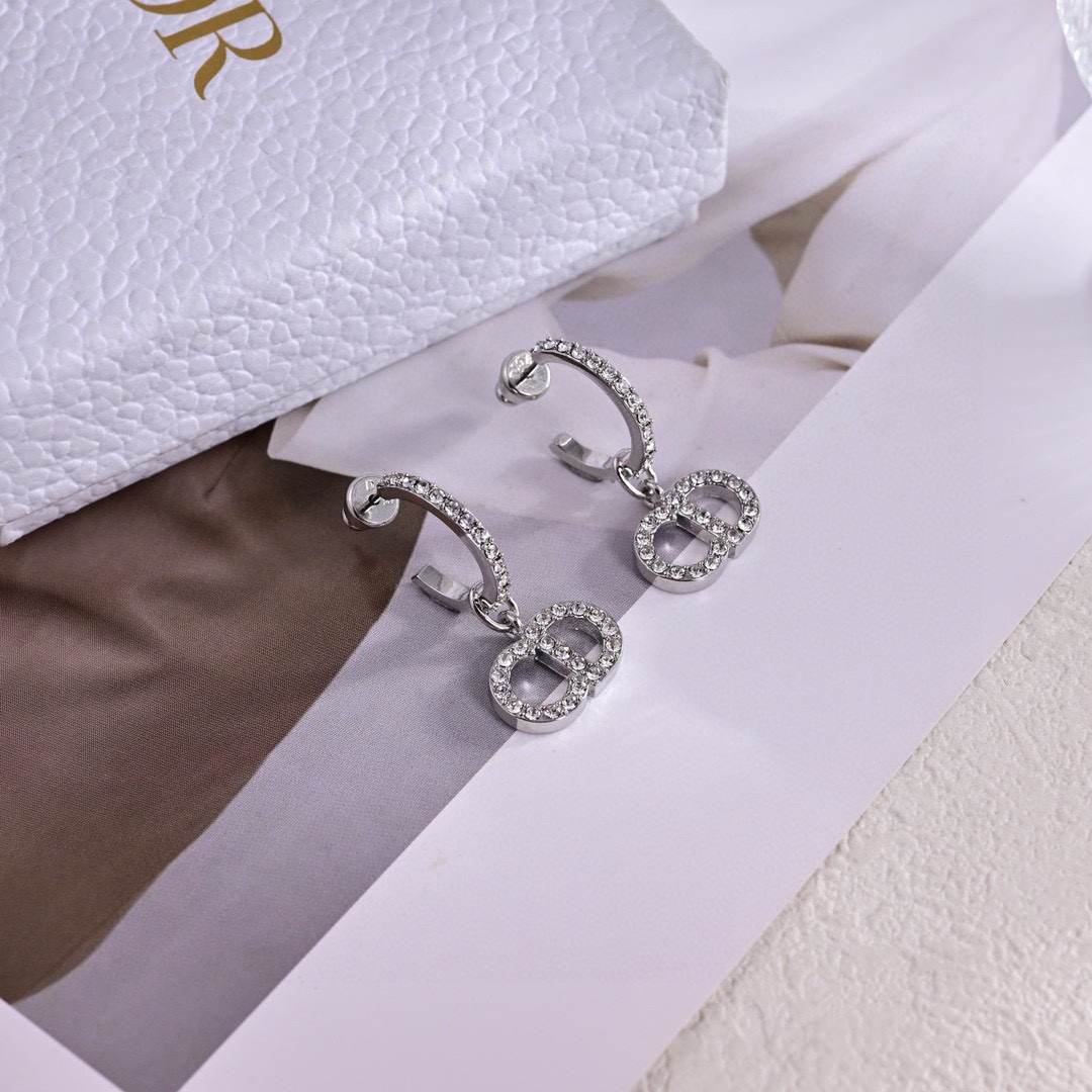 CDE095 Dior crystal cd hook earrings silver - ccjewelryacc