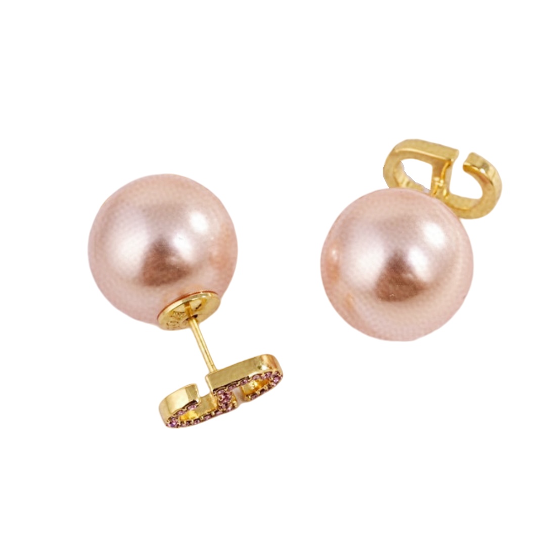 CDE099 Dior Tribales earrings in gold metal and Pink crystal CD logo and pink pearl - ccjewelryacc