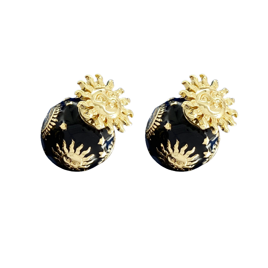 CDE222 CD Tribales Embossed Sun star pattern black enamel ball stud earrings - ccfashionjewelry