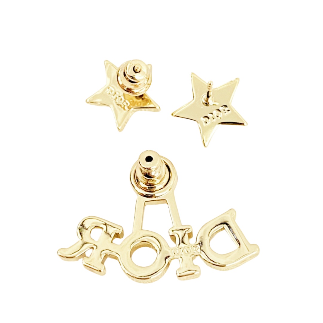 CDE098 Asymmetry Dior letters and star stud earrings in metal gold and crystal - ccjewelryacc