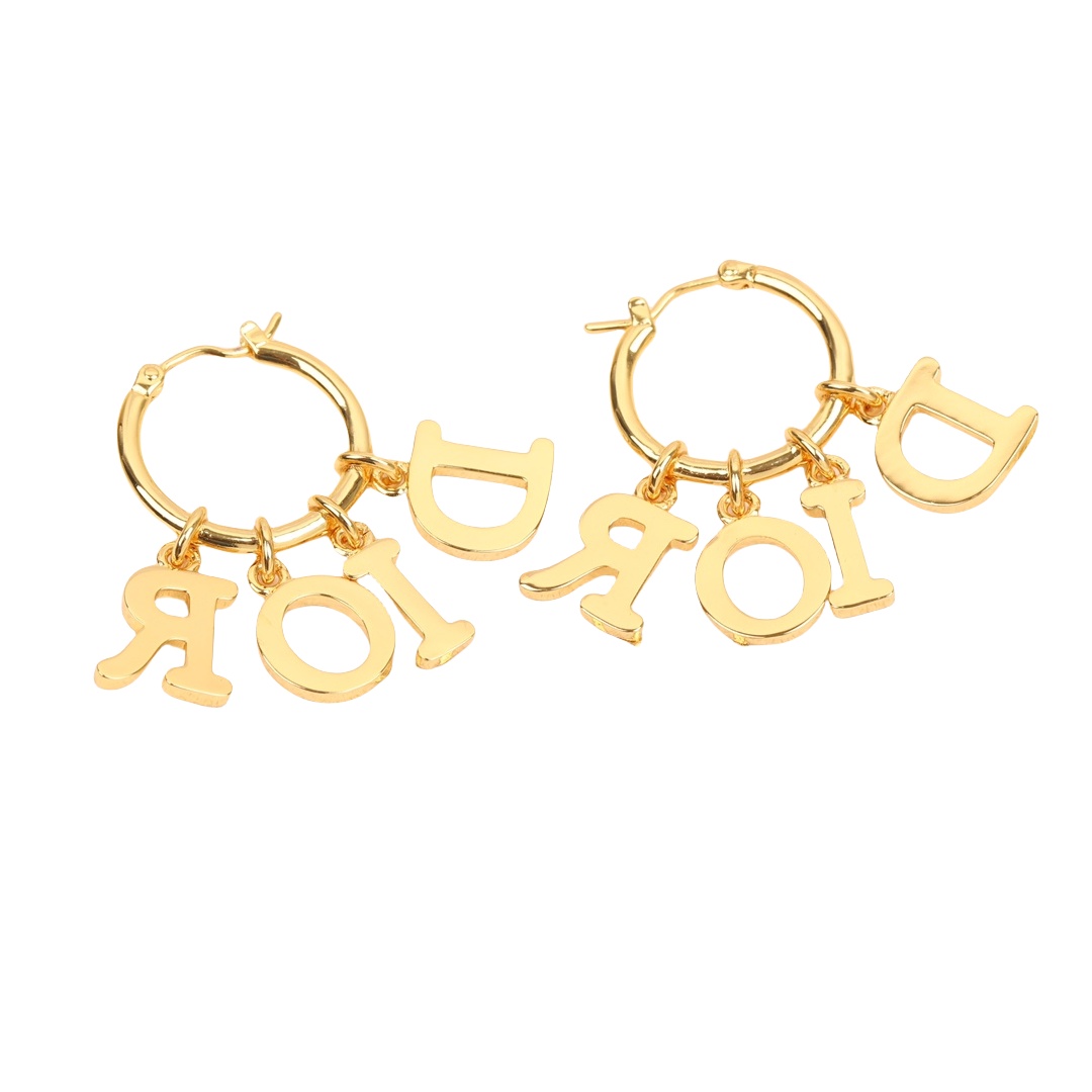 CDE102 Dior letter charms tassel hoop earrings in metal and white enamel - ccfashionjewelry