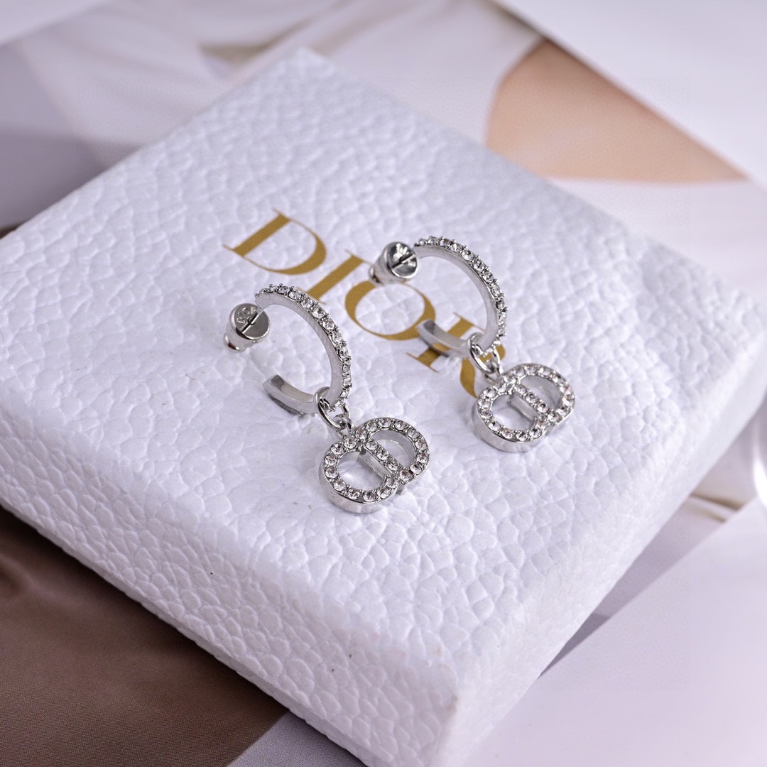 CDE095 Dior crystal cd hook earrings silver - ccjewelryacc