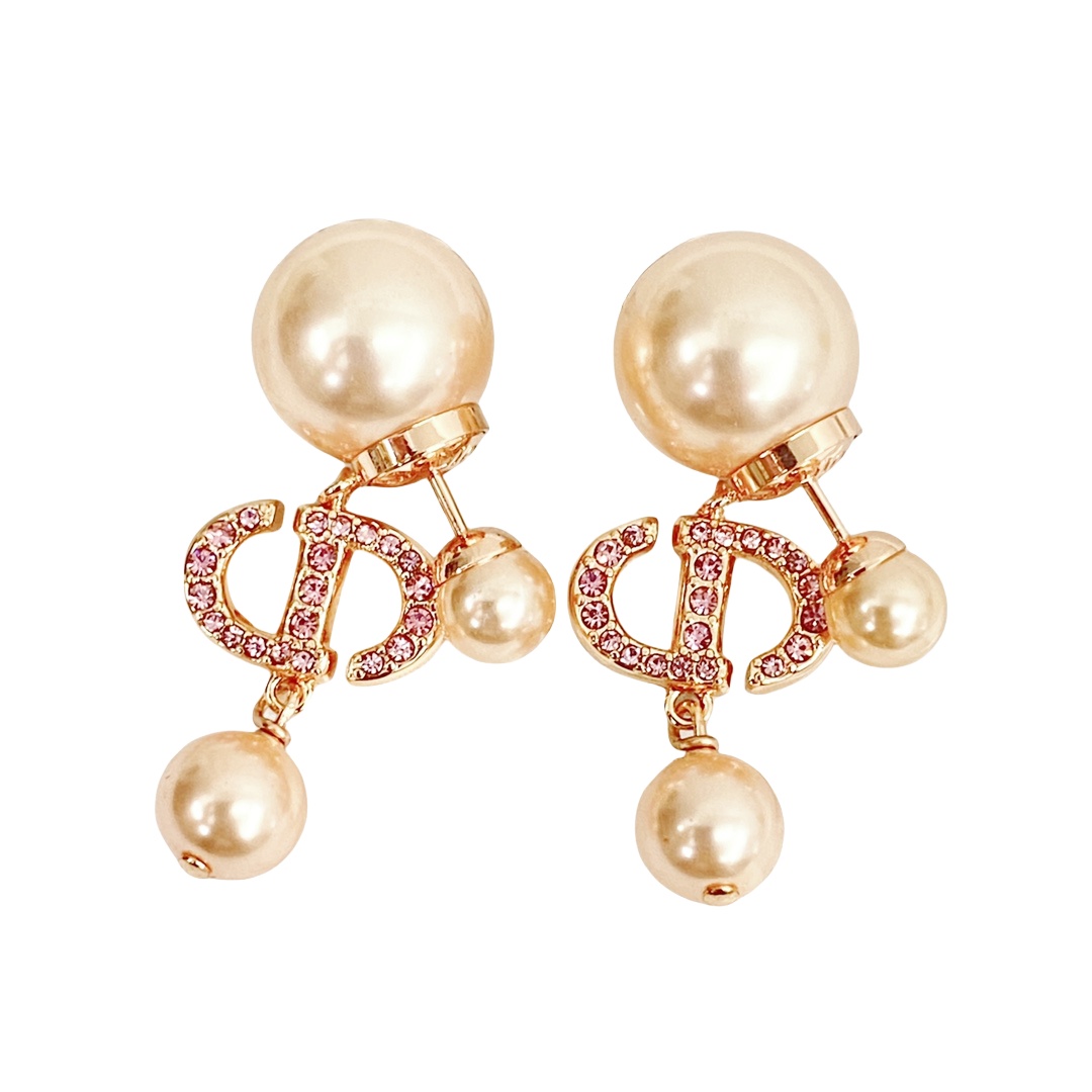 CDE096 Dior Tribales earrings in Rose gold finish and Pink crystal pearl - ccjewelryacc