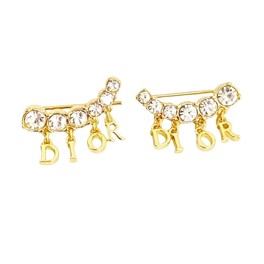 CDE219 Dior letter charms tassel stud earring in metal and crystal - ccfashionjewelry