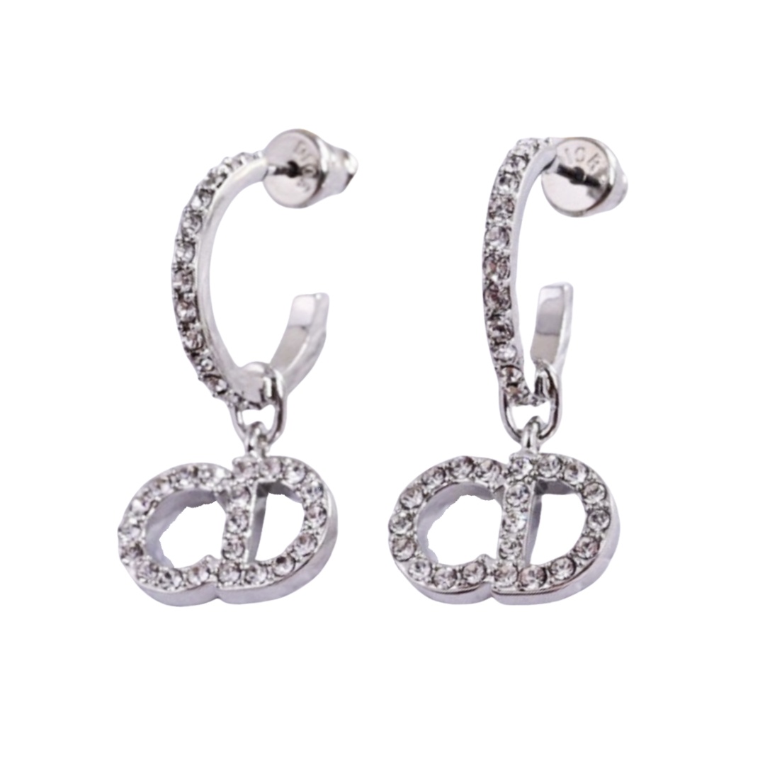 CDE095 Dior crystal cd hook earrings silver - ccjewelryacc