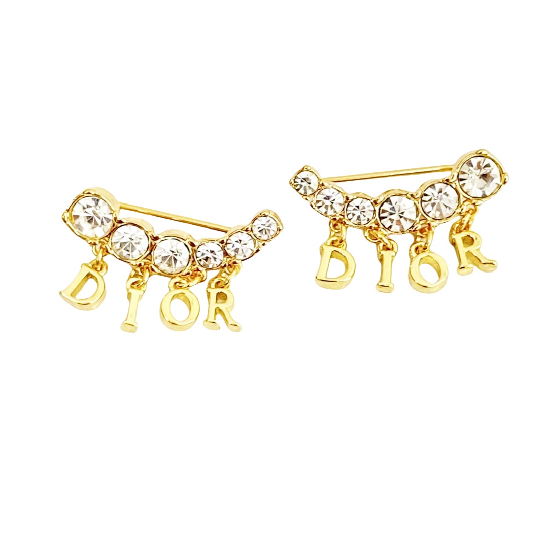 CDE219 Dior letter charms tassel stud earring in metal and crystal - ccfashionjewelry