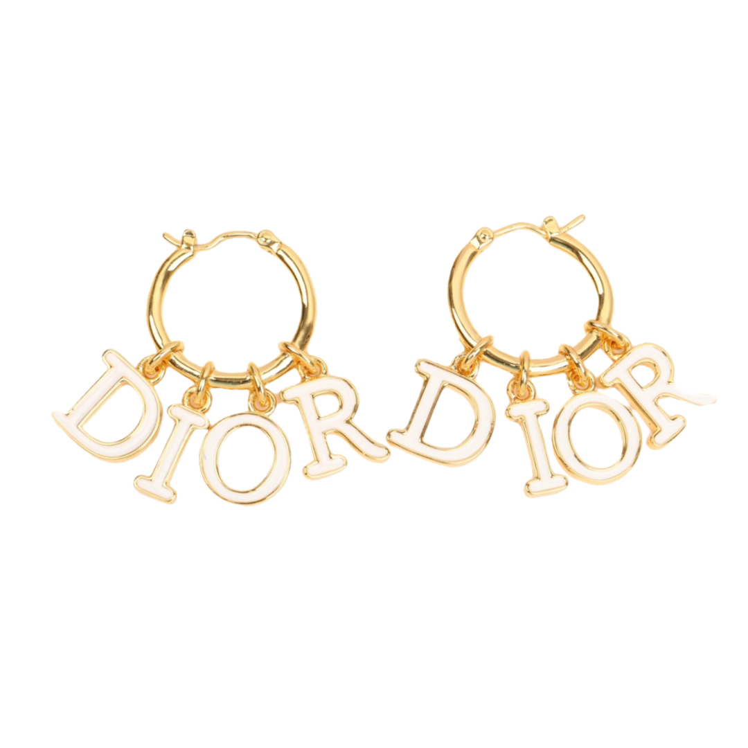 CDE102 Dior letter charms tassel hoop earrings in metal and white enamel - ccfashionjewelry