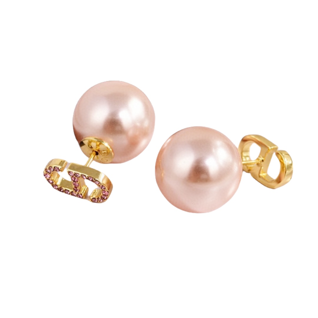 CDE099 Dior Tribales earrings in gold metal and Pink crystal CD logo and pink pearl - ccjewelryacc