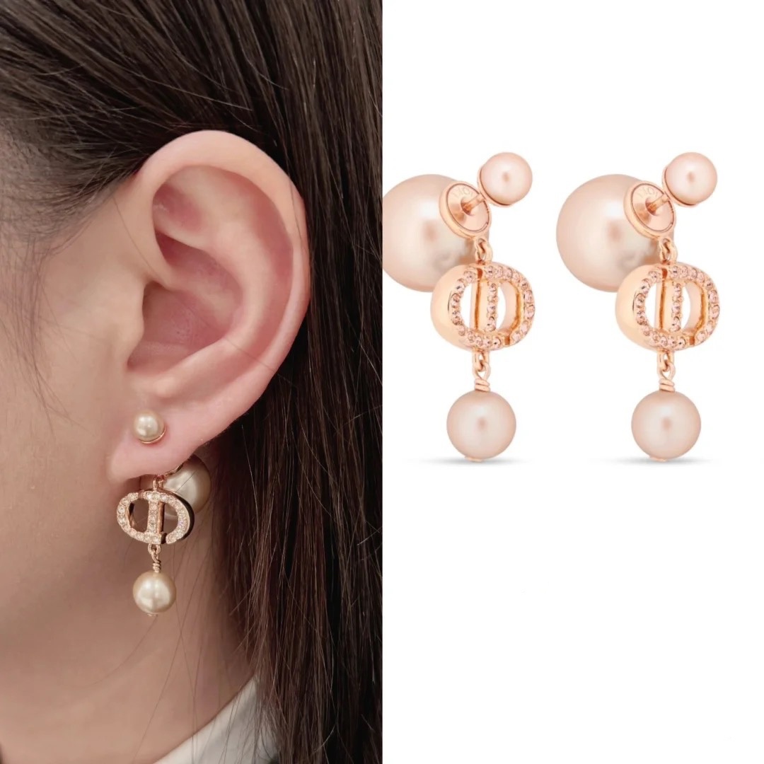 CDE096 Dior Tribales earrings in Rose gold finish and Pink crystal pearl - ccjewelryacc