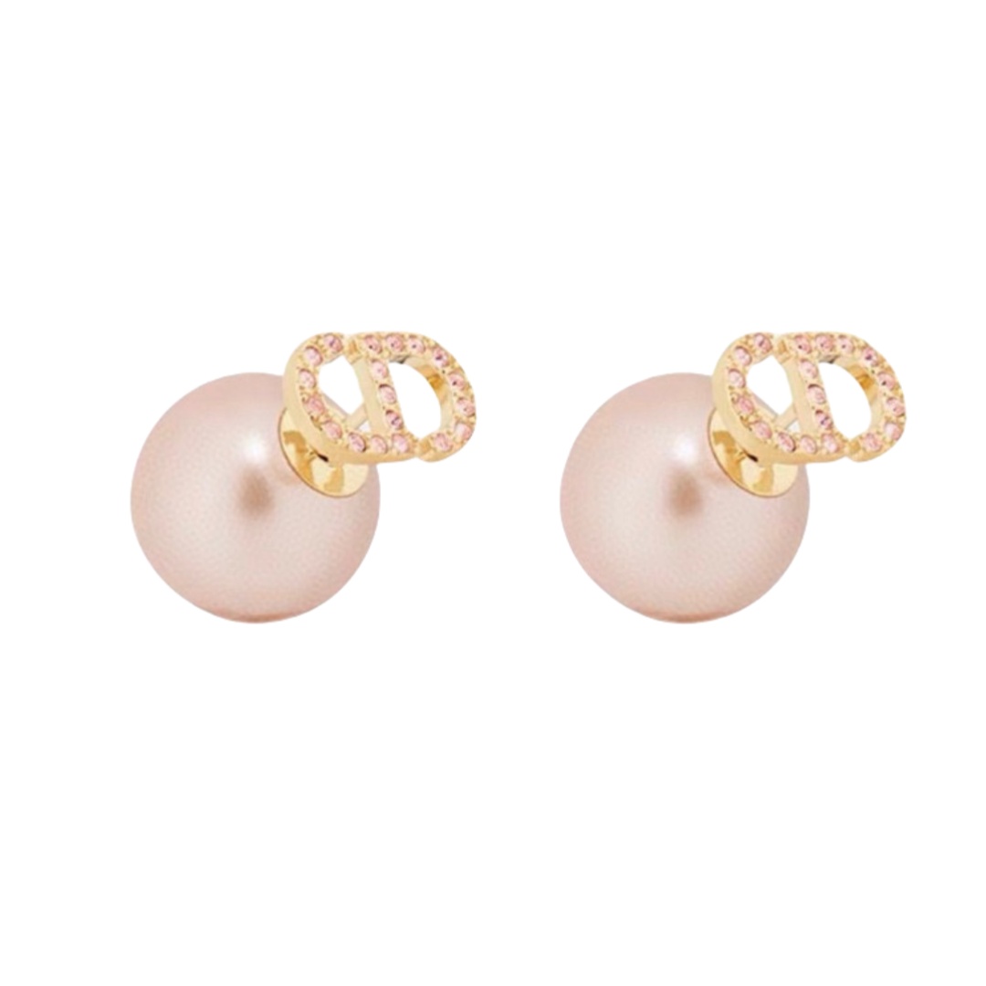 CDE099 Dior Tribales earrings in gold metal and Pink crystal CD logo and pink pearl - ccfashionjewelry