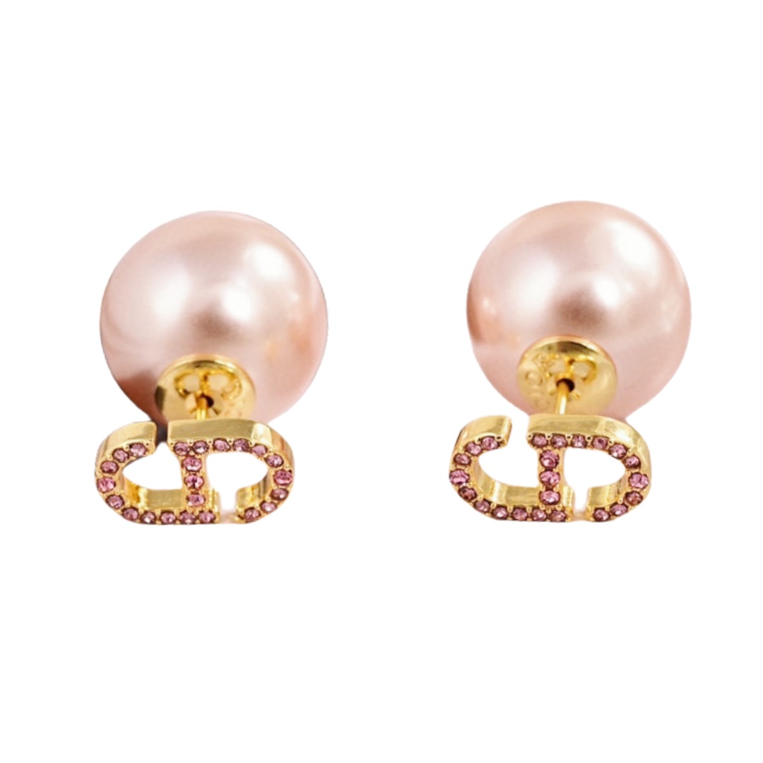CDE099 Dior Tribales earrings in gold metal and Pink crystal CD logo and pink pearl - ccfashionjewelry