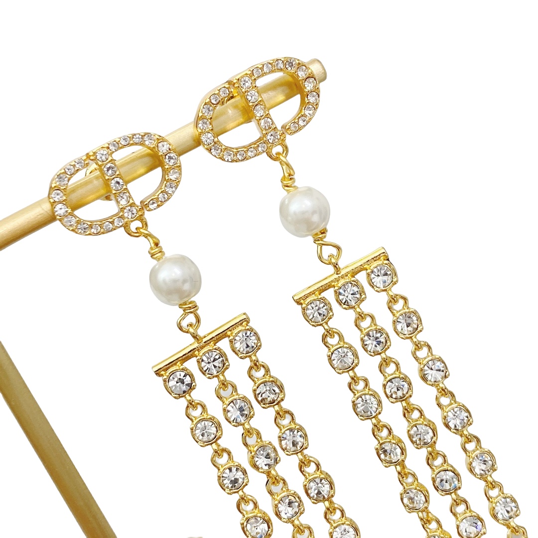 CDE209 Dior crystal CD and chain tassels earrings - ccjewelryacc