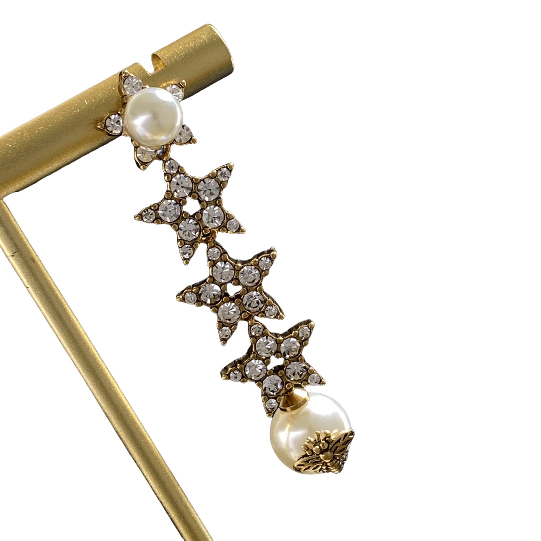 CDE293 Dior crystal star and bee pearl tassels earrings - ccjewelryacc