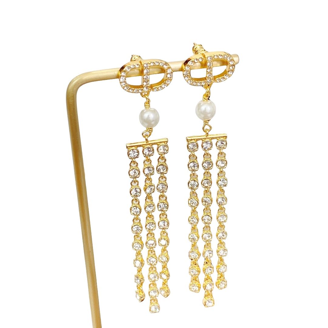 CDE209 Dior crystal CD and chain tassels earrings - ccjewelryacc
