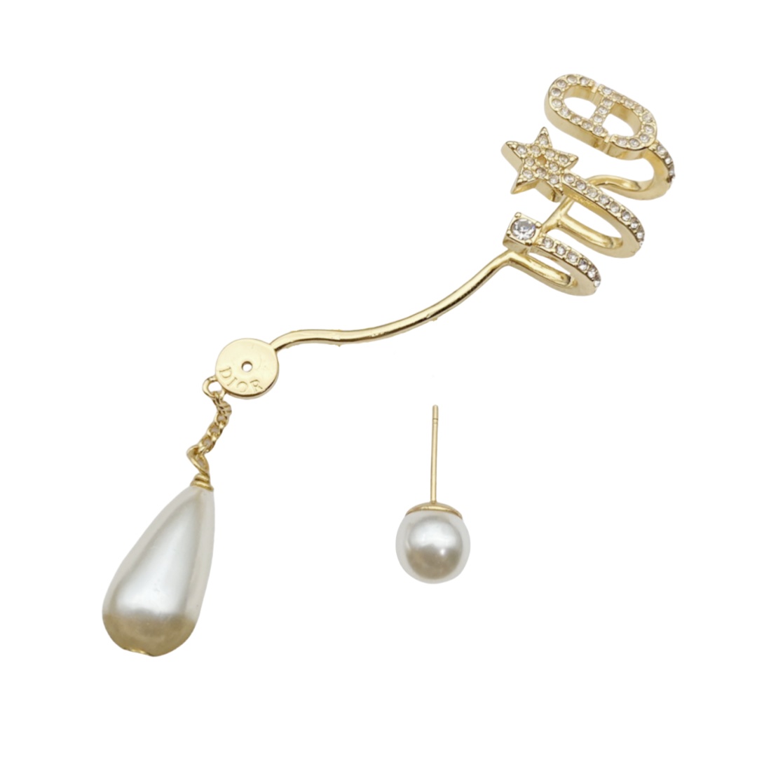 CDE122 Dior crystal star and pearl cd  stud earring with ear cuff  (1pcs) - ccjewelryacc