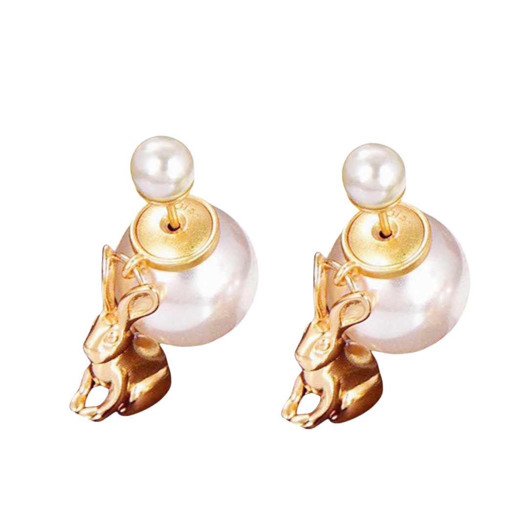 CDE105 Dior rabbit Tribales earring in gold metal finis and pearl - ccfashionjewelry