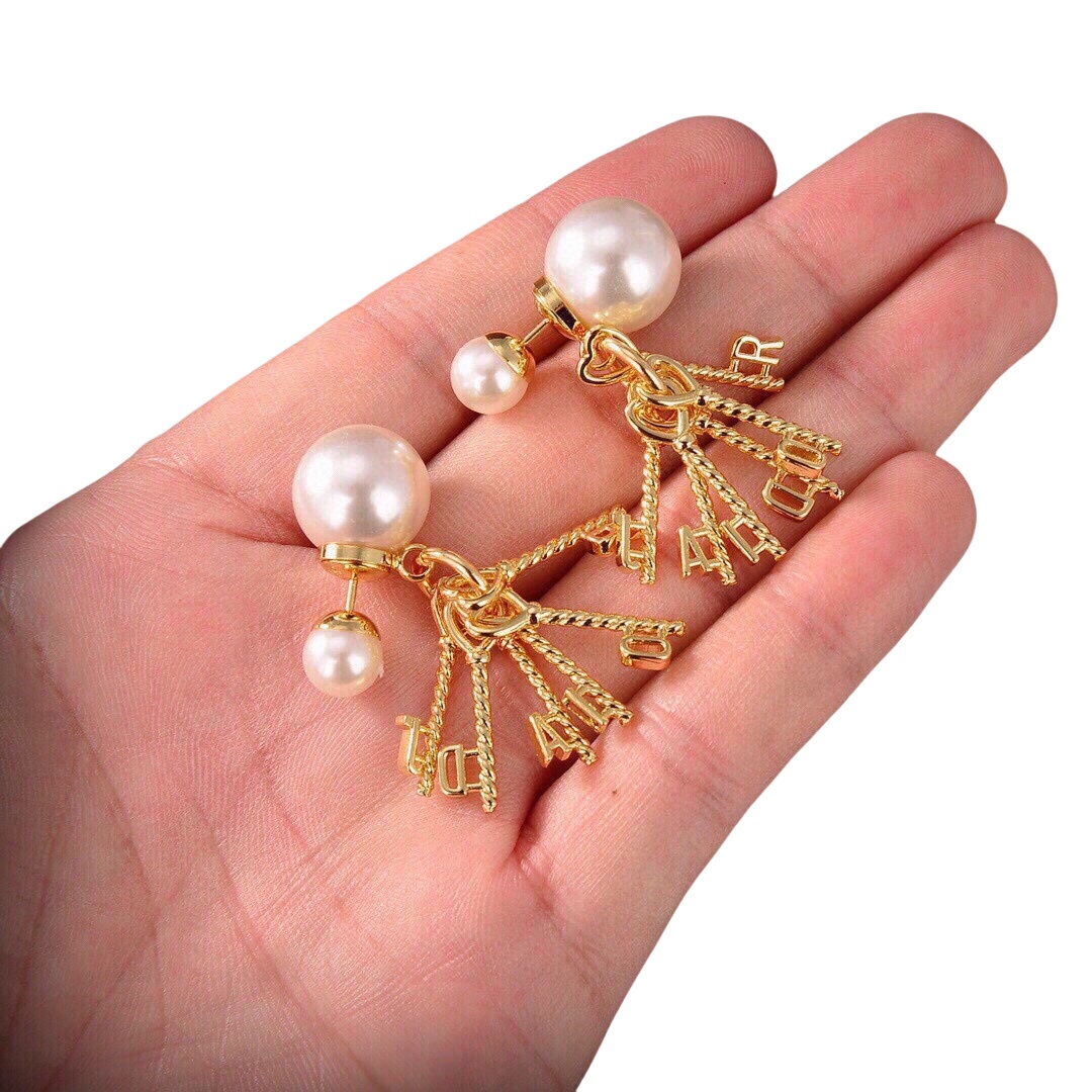 CDE111 Jadior letter charms tribales earrings in gold finish and pearl - ccjewelryacc