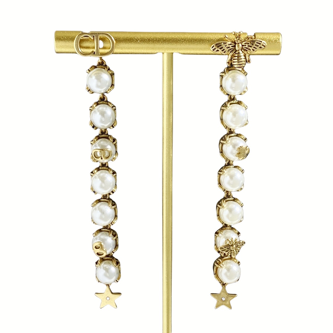 CDE252 Vintage Dior pearl with bee and star tassels earrings - ccjewelryacc