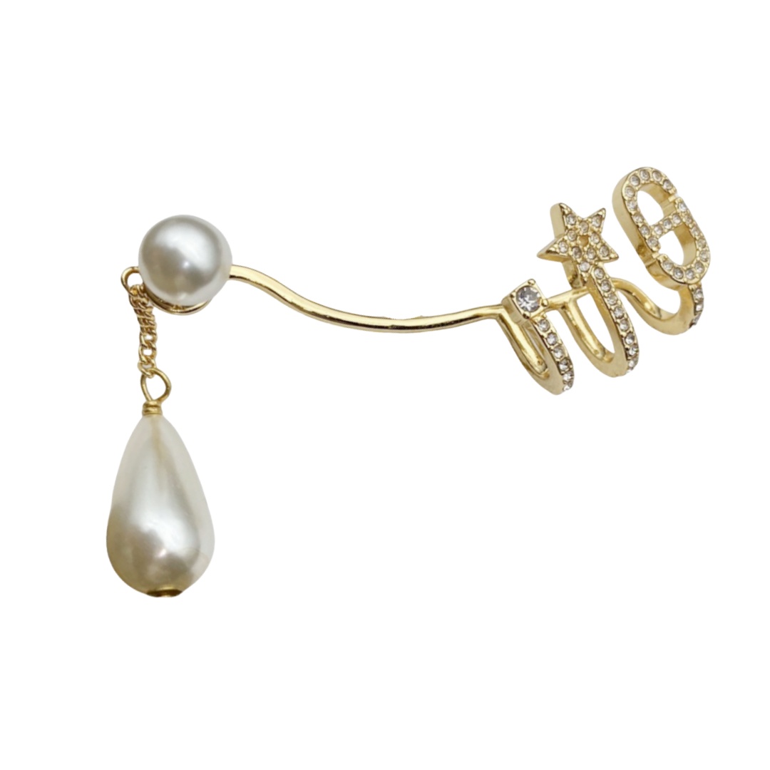 CDE122 Dior crystal star and pearl cd stud earring with ear cuff (1pcs) - ccfashionjewelry