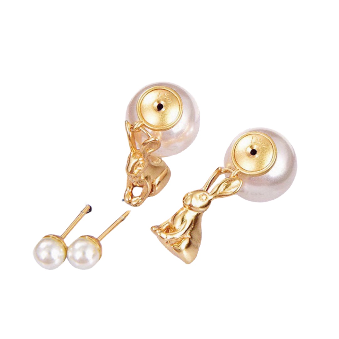 CDE105 Dior rabbit Tribales earring in gold metal finis and pearl - ccfashionjewelry