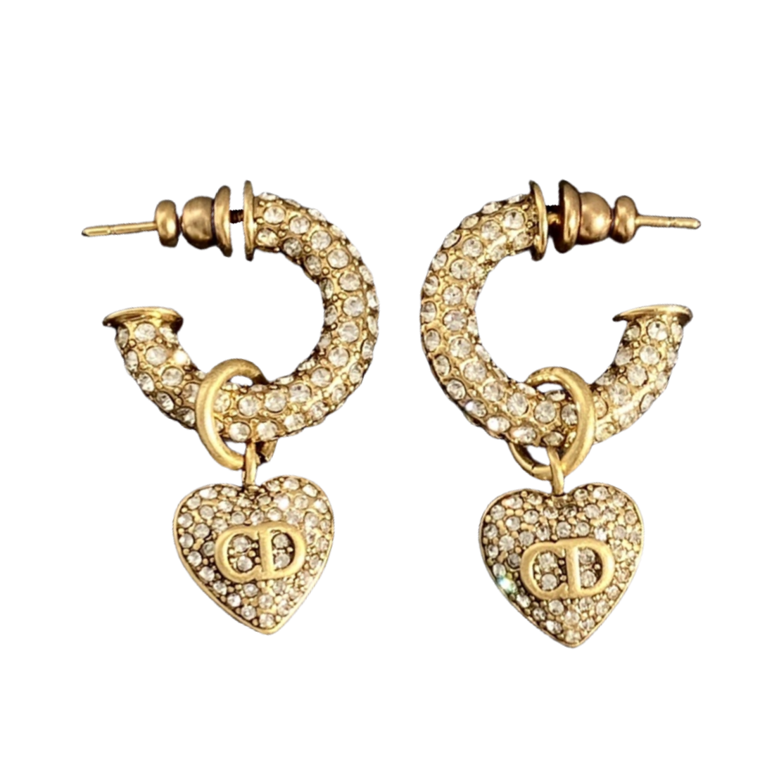 CDE208 Dior vintage crystal heart hook drop earrings - ccfashionjewelry