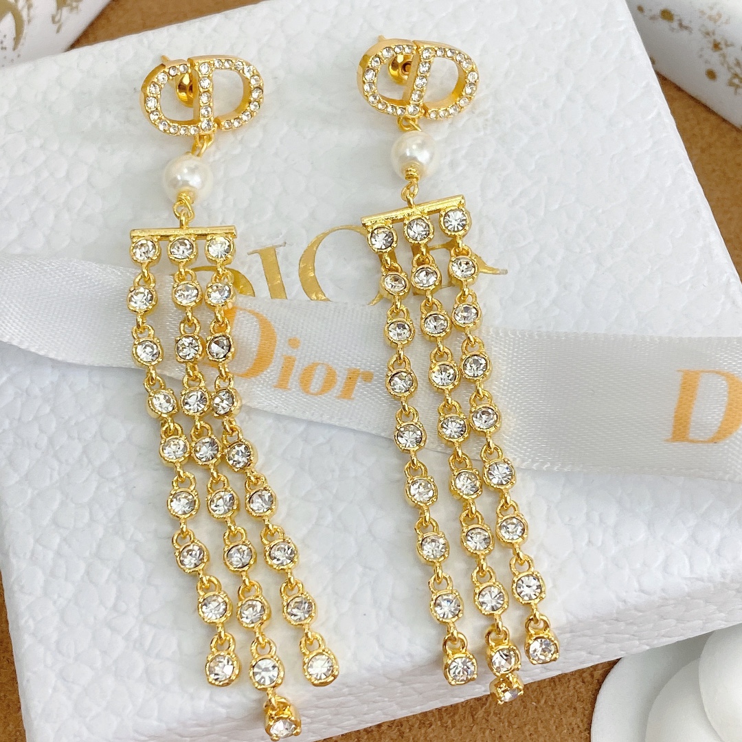 CDE209 Dior crystal CD and chain tassels earrings - ccjewelryacc