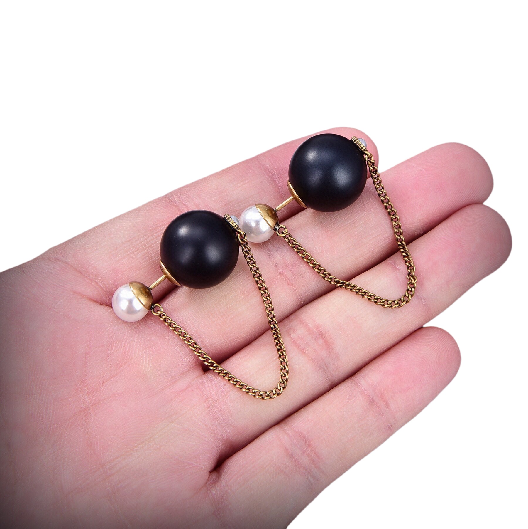 CDE110 Dior tribales earrings with Black and white pearl with chain - ccjewelryacc