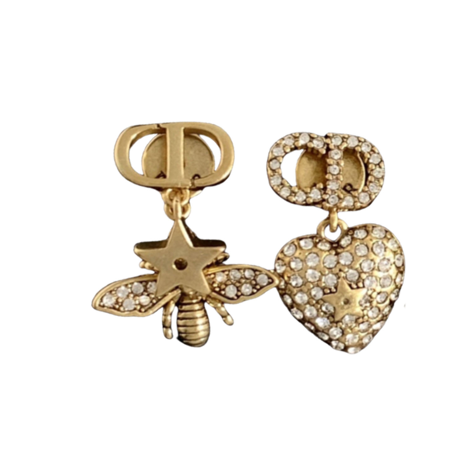 CDE189 Vintage Crystal CD heart and bee star drop earrings - ccfashionjewelry