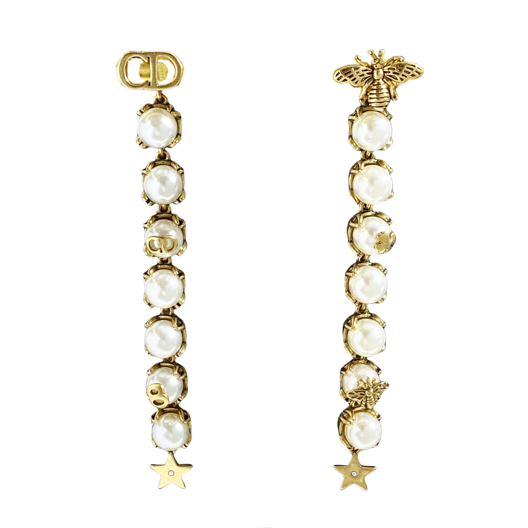 CDE252 Vintage Dior pearl with bee and star tassels earrings - ccjewelryacc