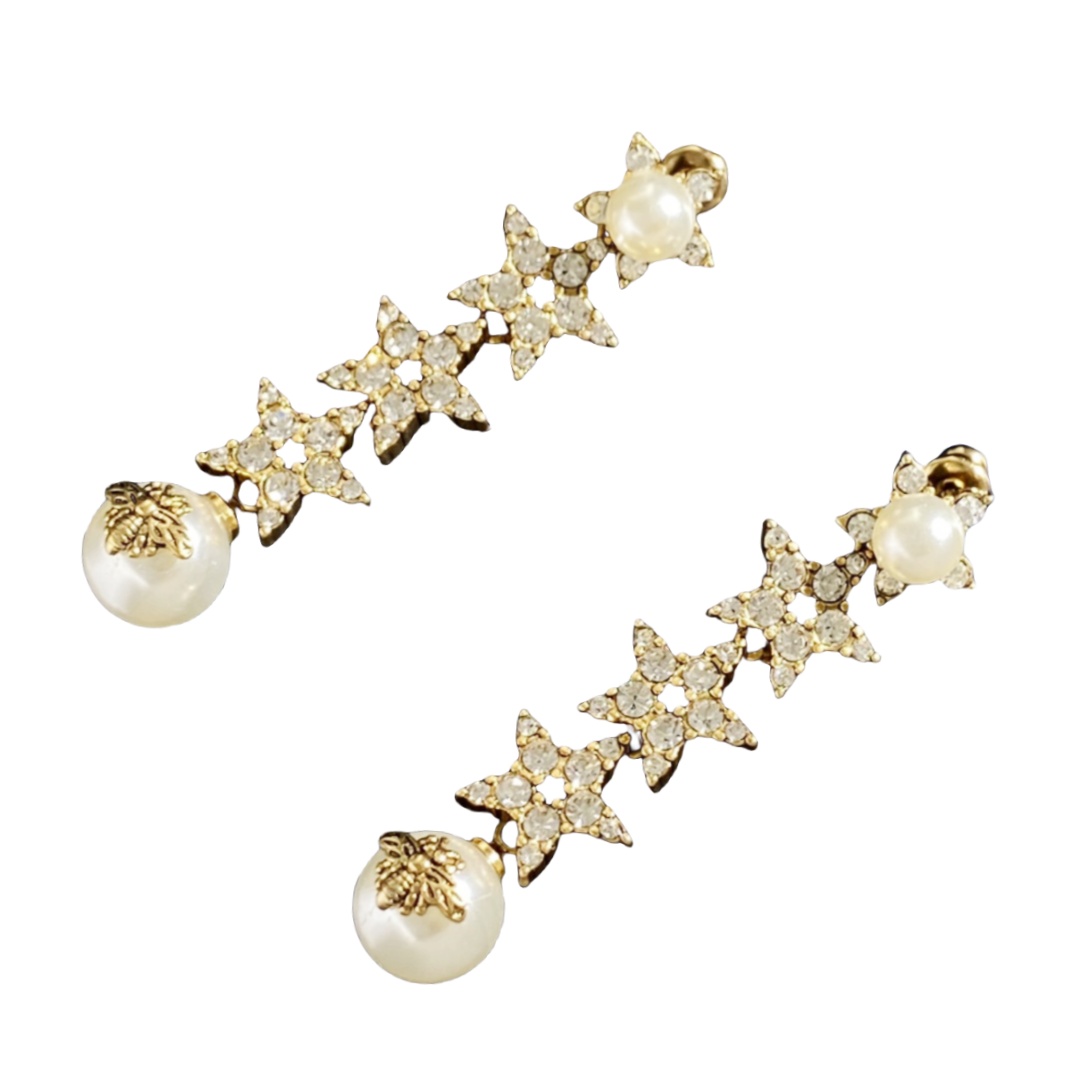 CDE293 Dior crystal star and bee pearl tassels earrings - ccjewelryacc
