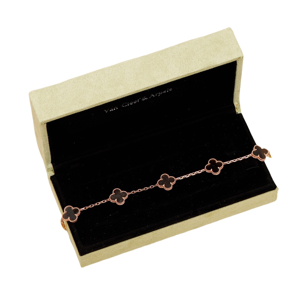 VCSV006 18k rose gold van cleef silver obsidian alhambra bracelet 5 motif - ccjewelryacc