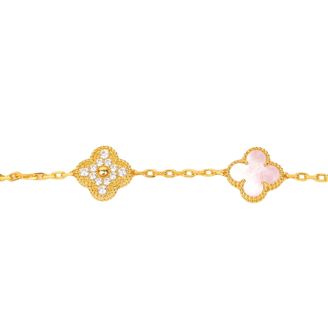 VCSV009 18k rose gold natural pink mother of pearl alhambra bracelet 5 motifs - ccjewelryacc