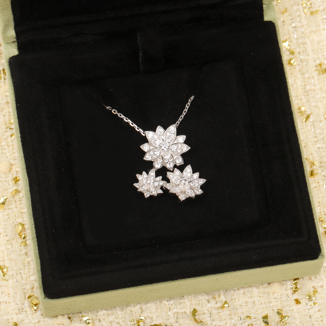 VCNS005 18K White Gold vca lotus Denpant Necklace earring 3 motif - ccjewelryacc