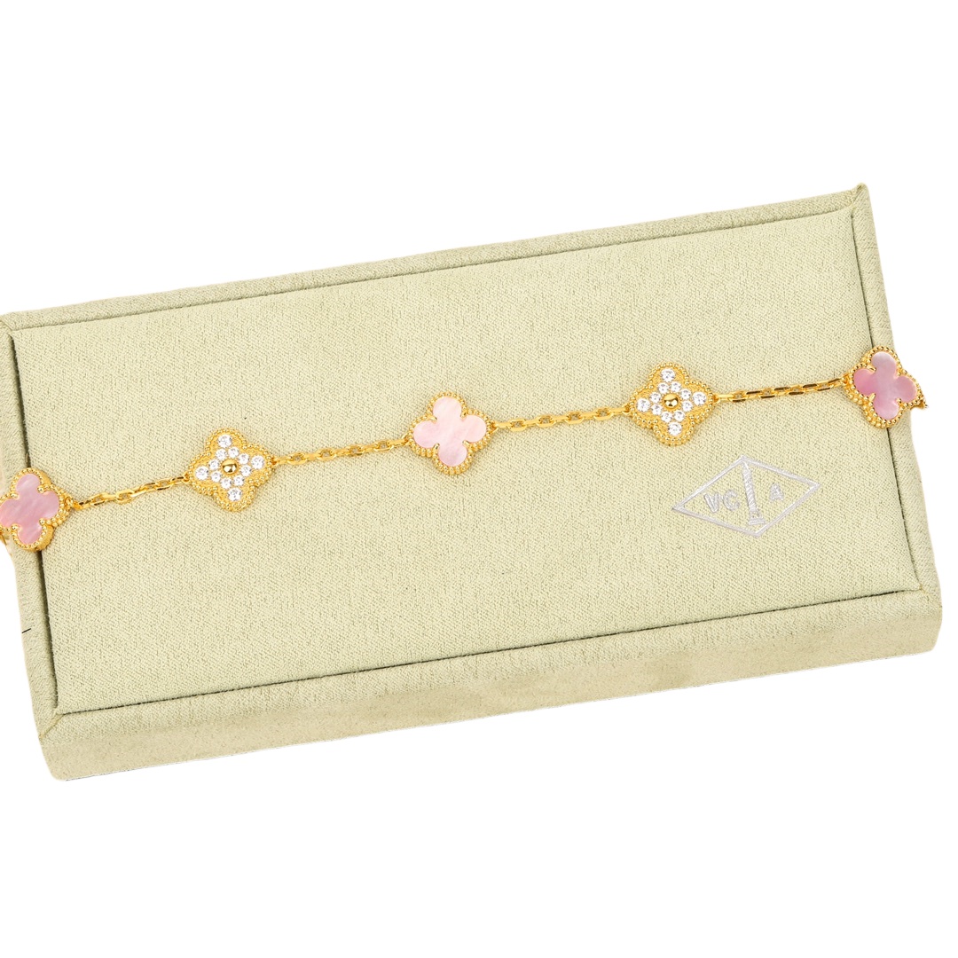 VCSV009 18k rose gold natural pink mother of pearl alhambra bracelet 5 motifs - ccjewelryacc