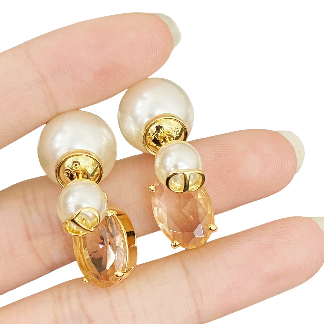 CDE144 Pink crystal and pearl dior tribales earrings - ccjewelryacc