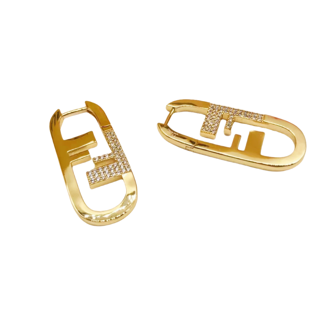 FDE015 Fendi O'Lock Hoop Earrings in metal gold finish and crystal - ccjewelryacc